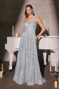 Light blue one-shoulder lace A-line gown with floral appliques and beading