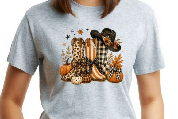 Light gray tee with front fall boots, pumpkins, and plaid bow graphic