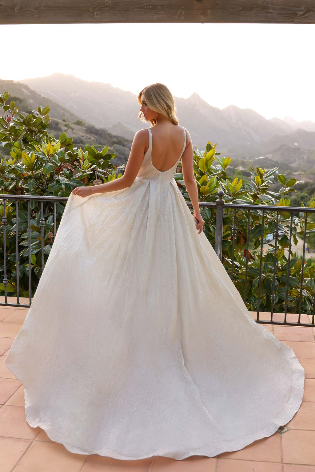 Pearl glitter A-line ball gown dress, sleeveless, open back and full skirt, back view
