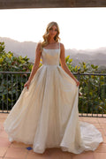 Pearl glitter A-line ball gown dress, sleeveless with long satin skirt, front view