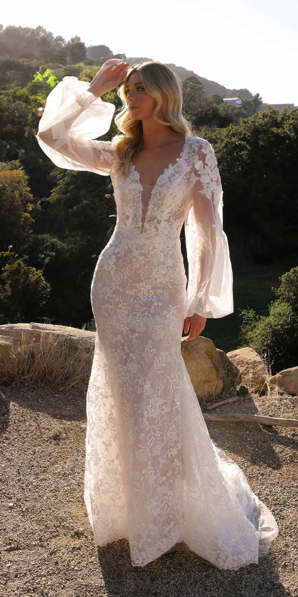 White bridal mermaid lace dress, V-neck, long puff sleeves, fitted skirt