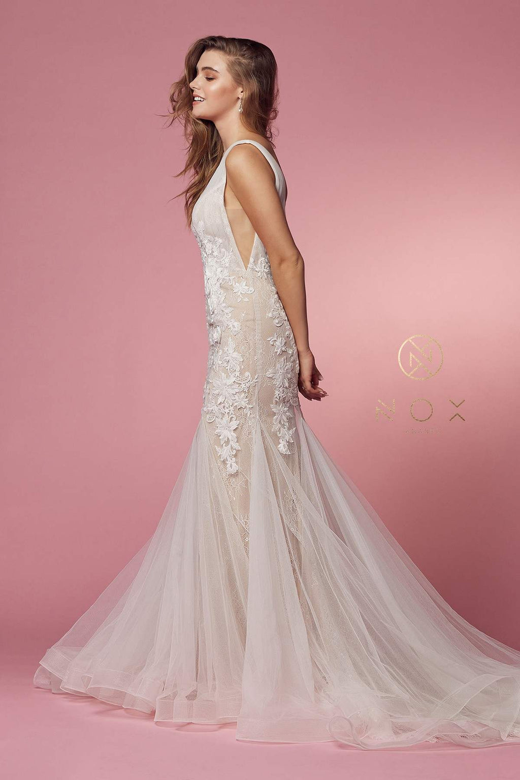 V-neck mermaid dress with lace bodice and tulle skirt, white & nude