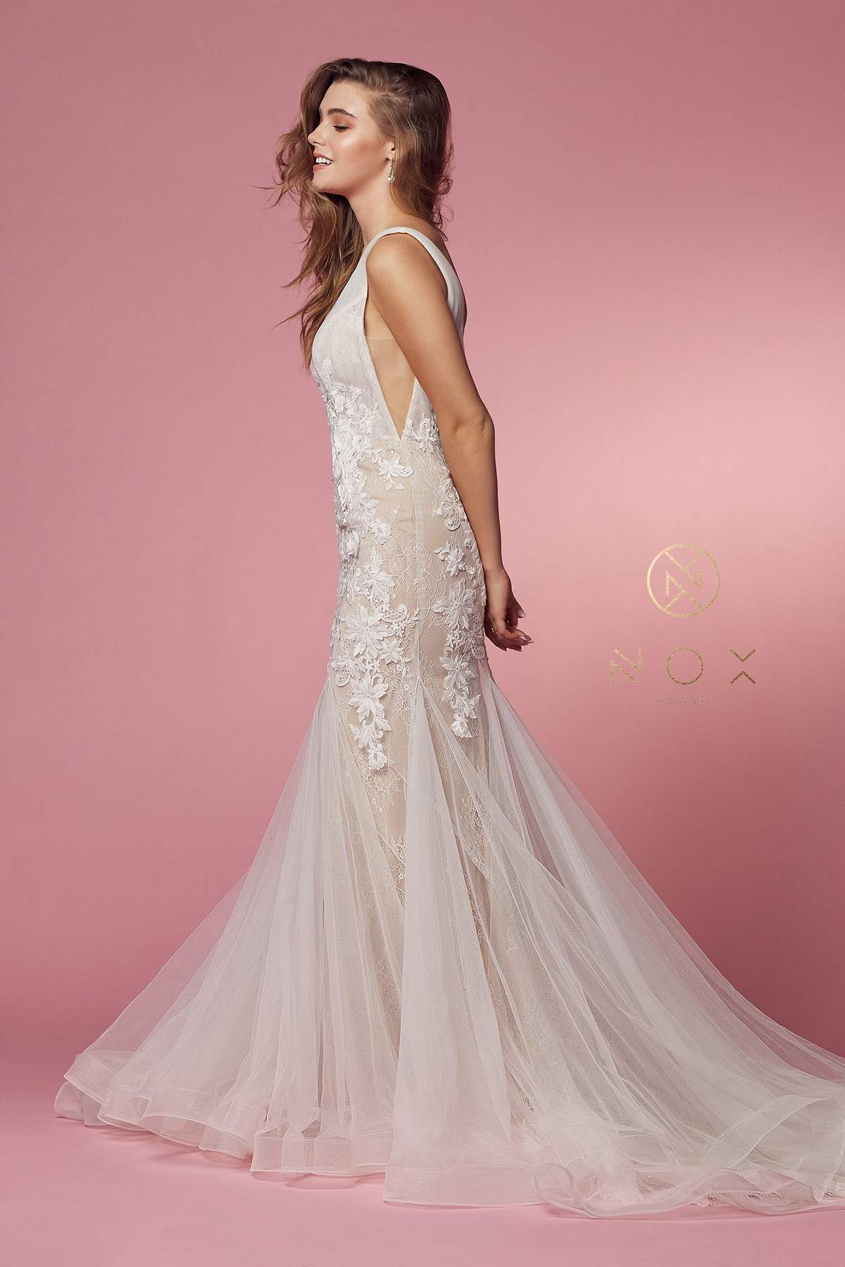 V-neck mermaid dress with lace bodice and tulle skirt, white & nude