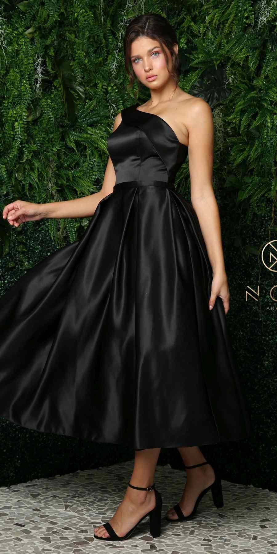 One-shoulder satin tea-length gown, black, side view