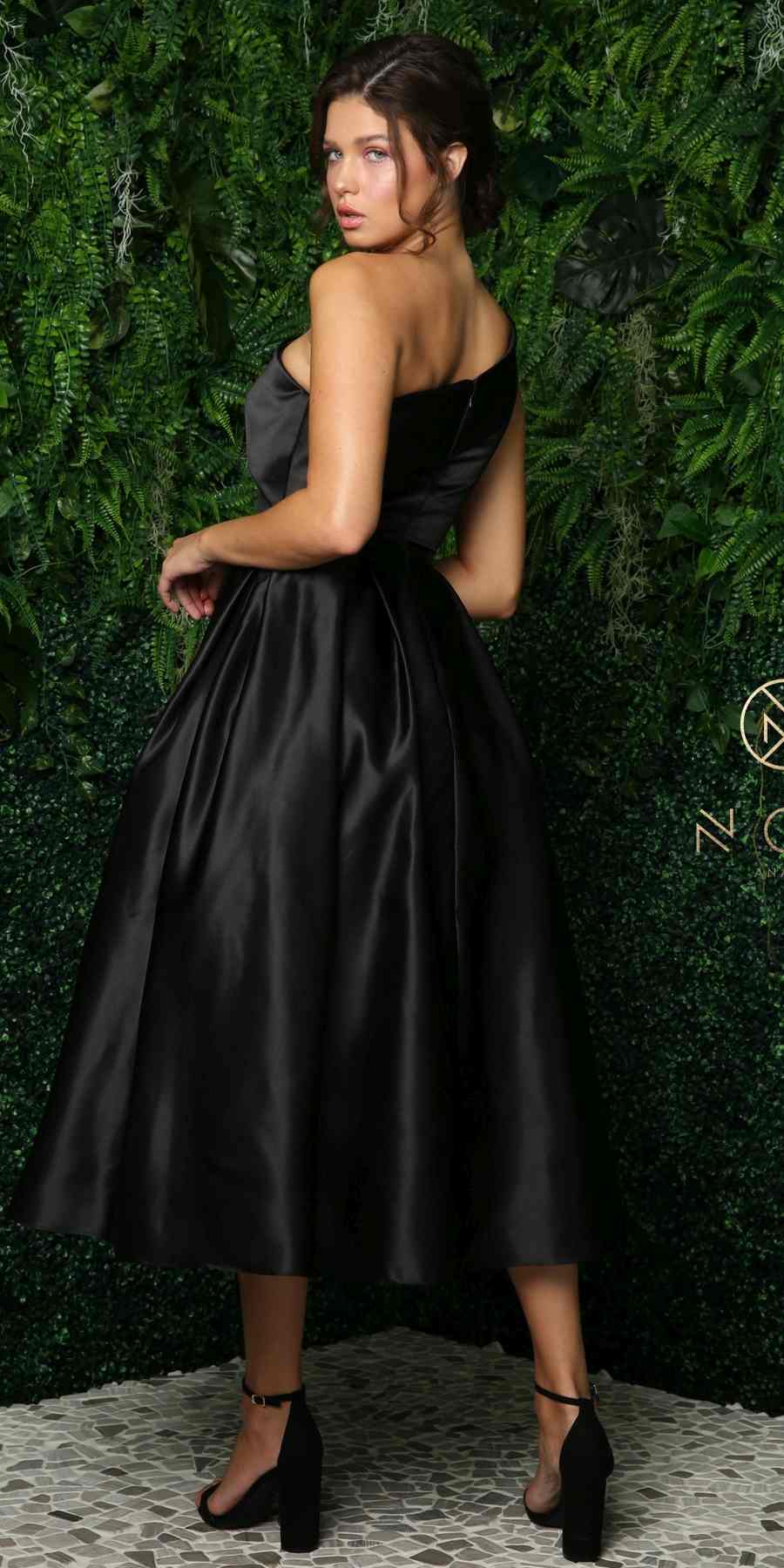 Black one-shoulder satin tea-length dress with gathered waist and flared skirt
