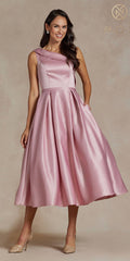 One-shoulder satin tea-length gown, dusty rose, front view