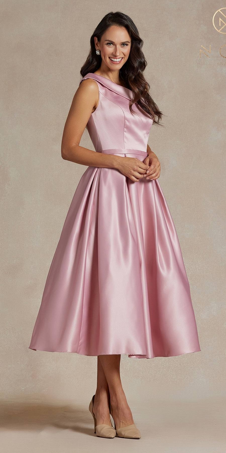 One-shoulder satin tea-length gown, dusty rose, front view