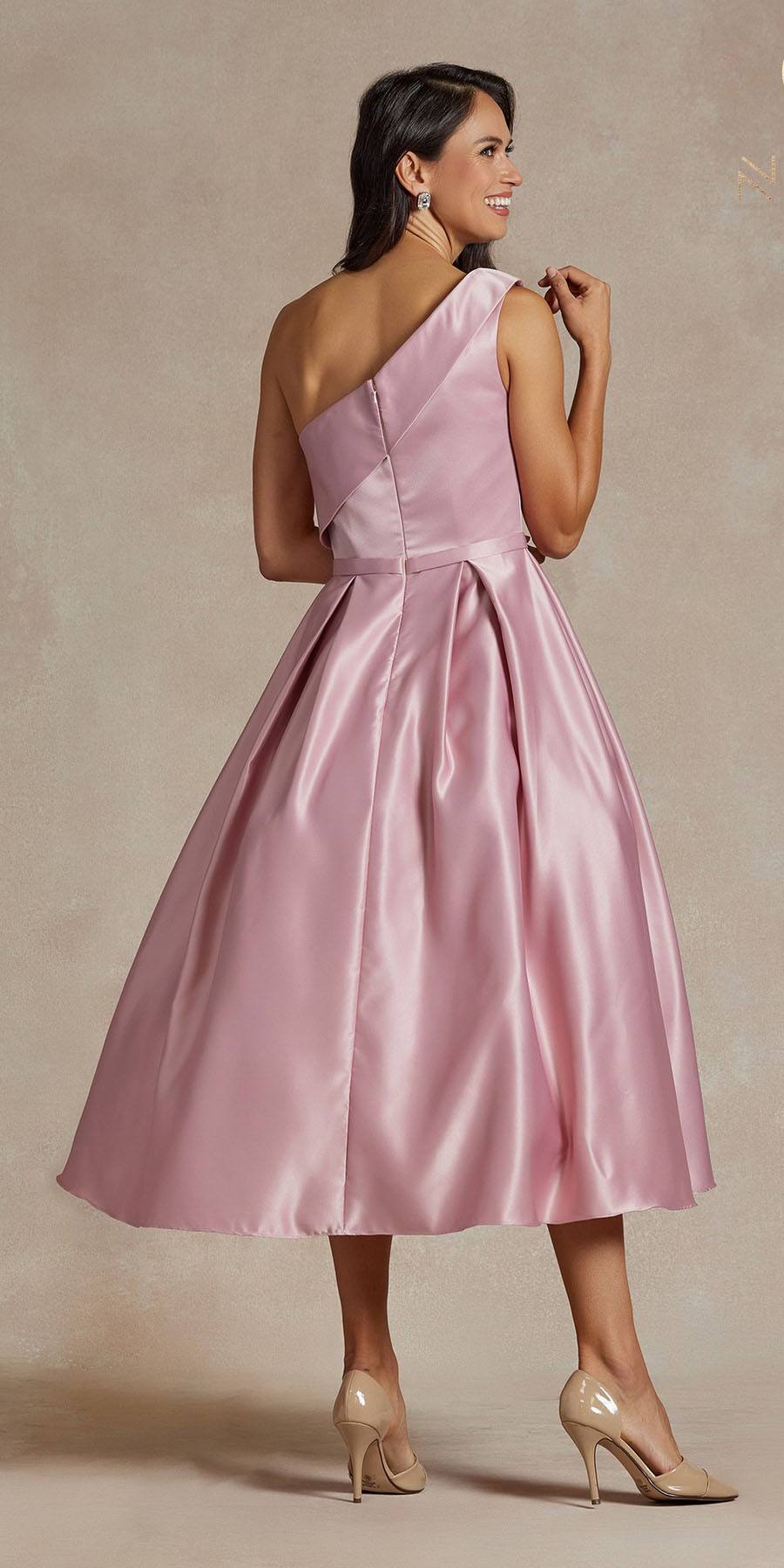 One-shoulder satin tea-length gown, dusty rose, back view