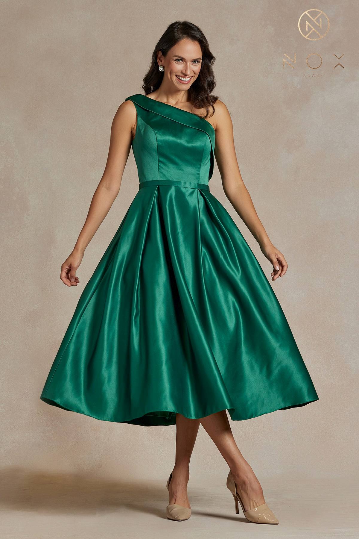 One-shoulder satin tea-length gown, emerald green, front view