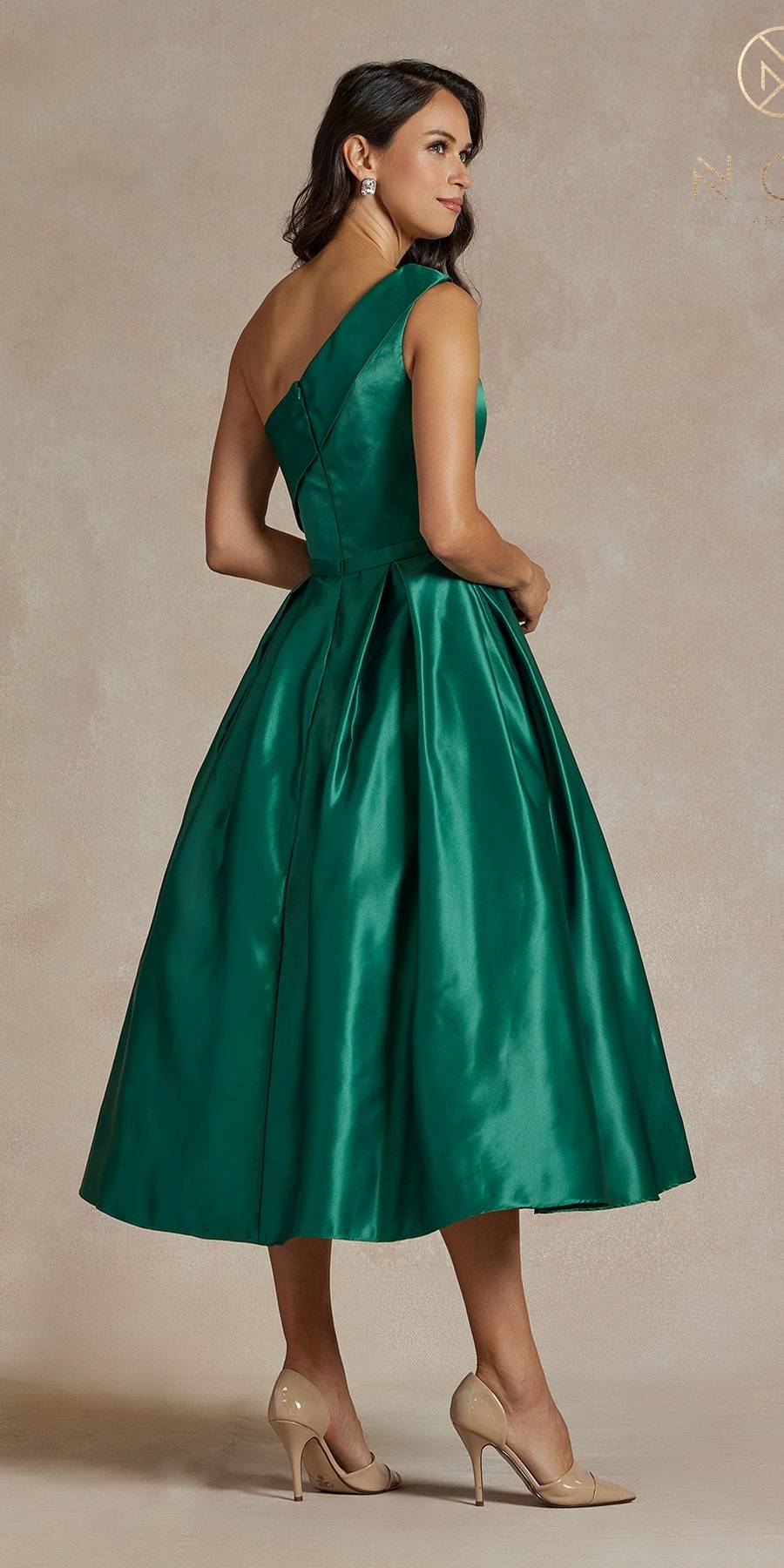 One-shoulder satin tea-length gown, emerald green, side view