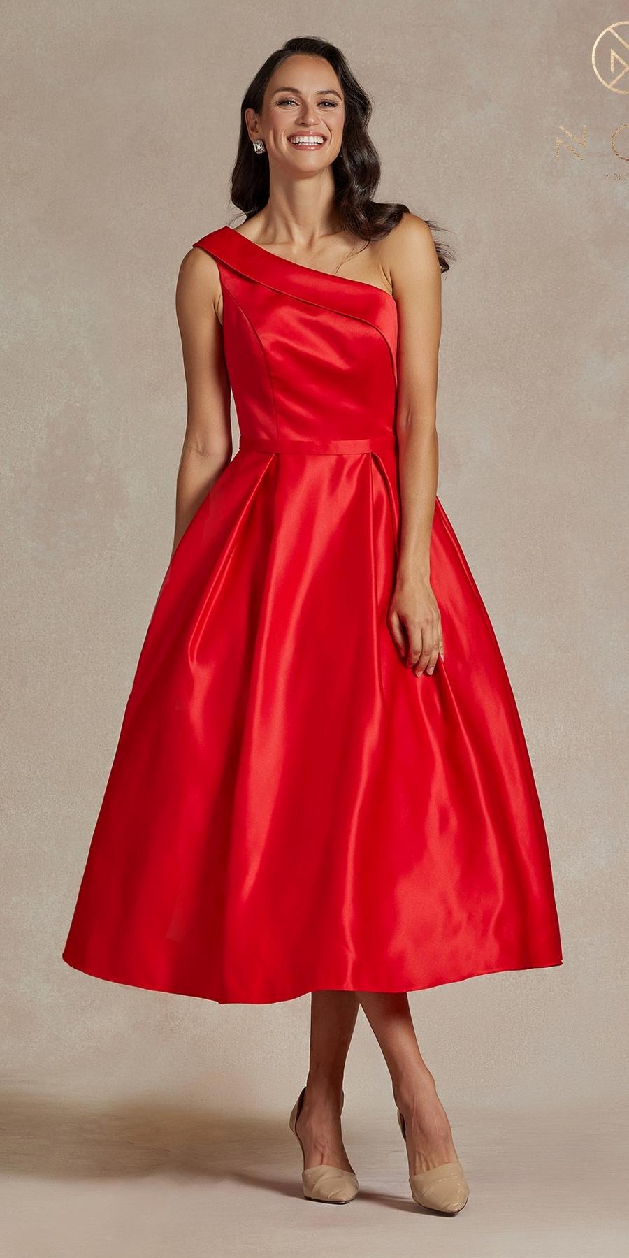 Red one-shoulder satin tea-length dress with gathered waist seam and full skirt
