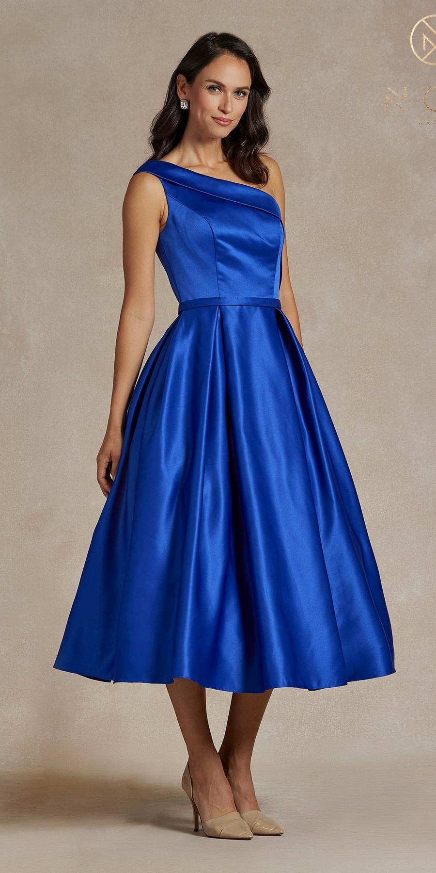 One-shoulder satin tea-length gown, royal blue, front view