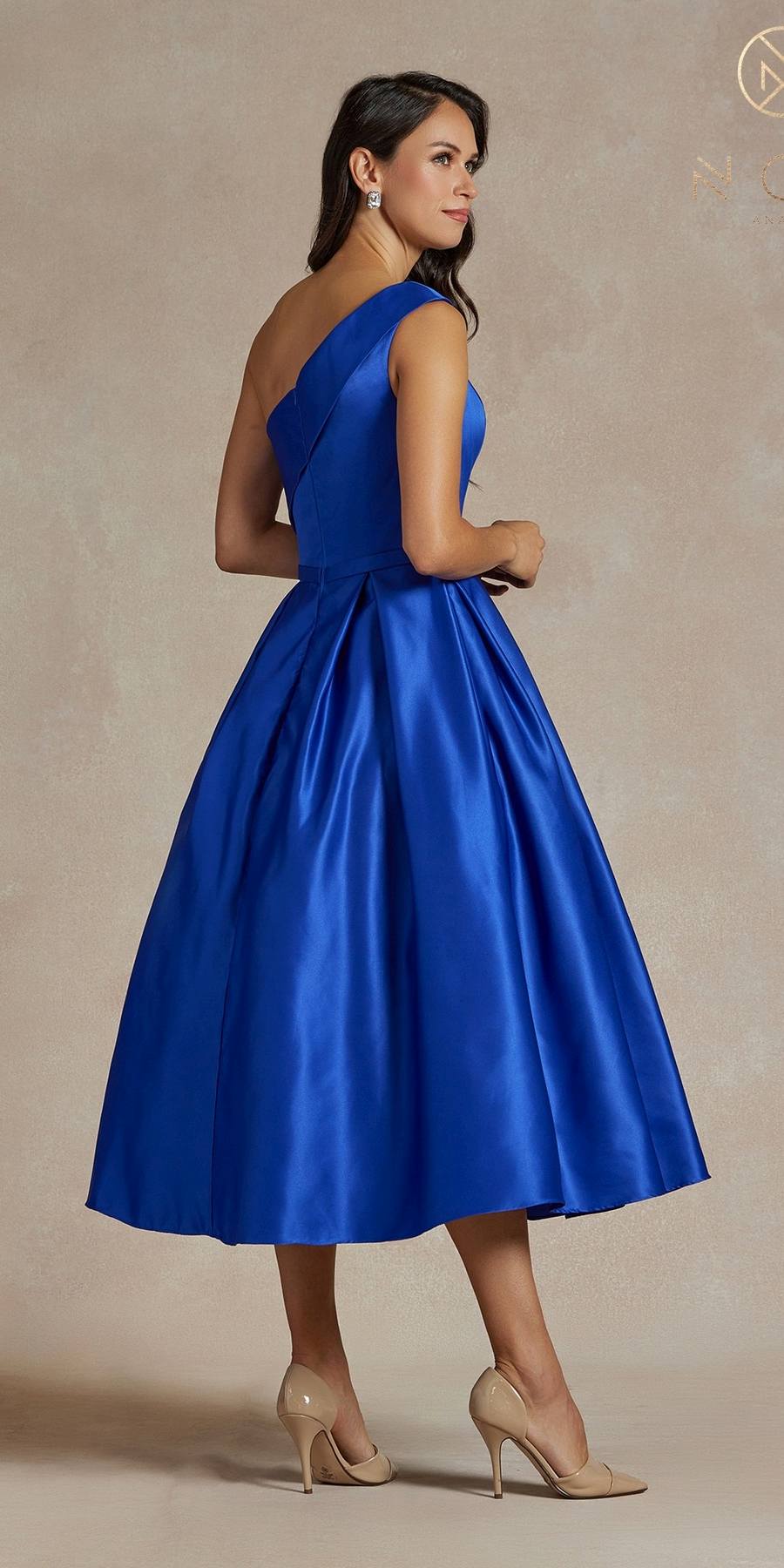 One-shoulder satin tea-length gown, royal blue, side view