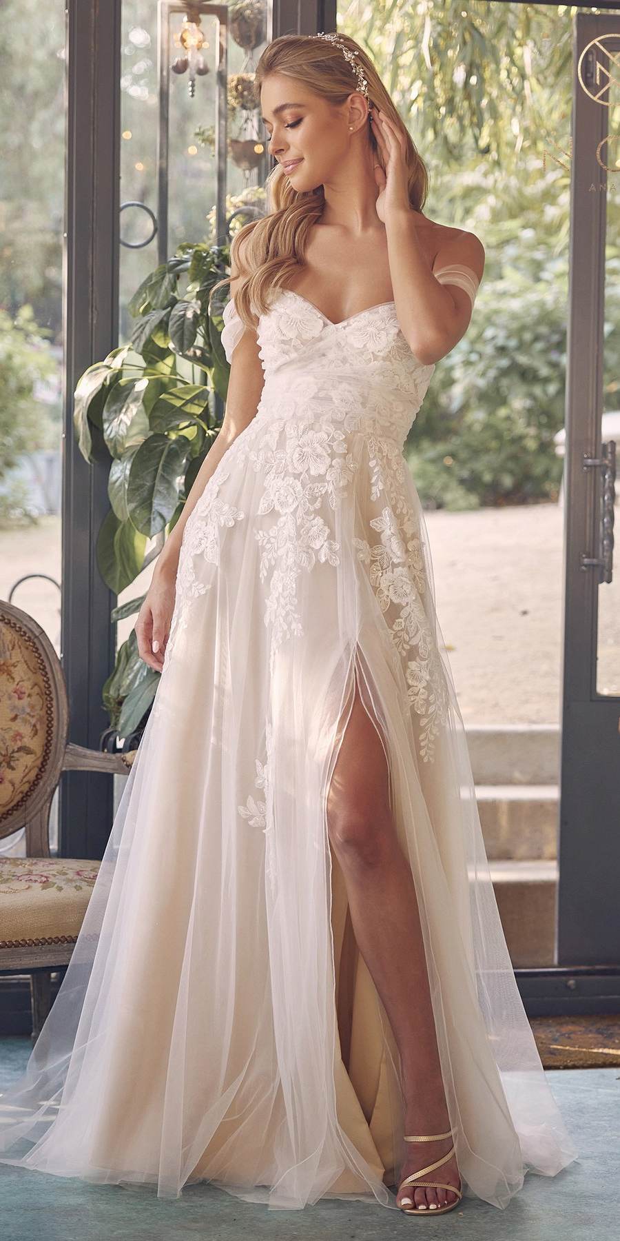 Long A-line off-shoulder lace gown with front slit, white and nude