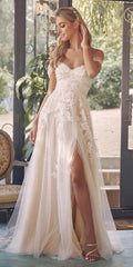 Long A-line off-shoulder lace gown with front slit, white and nude