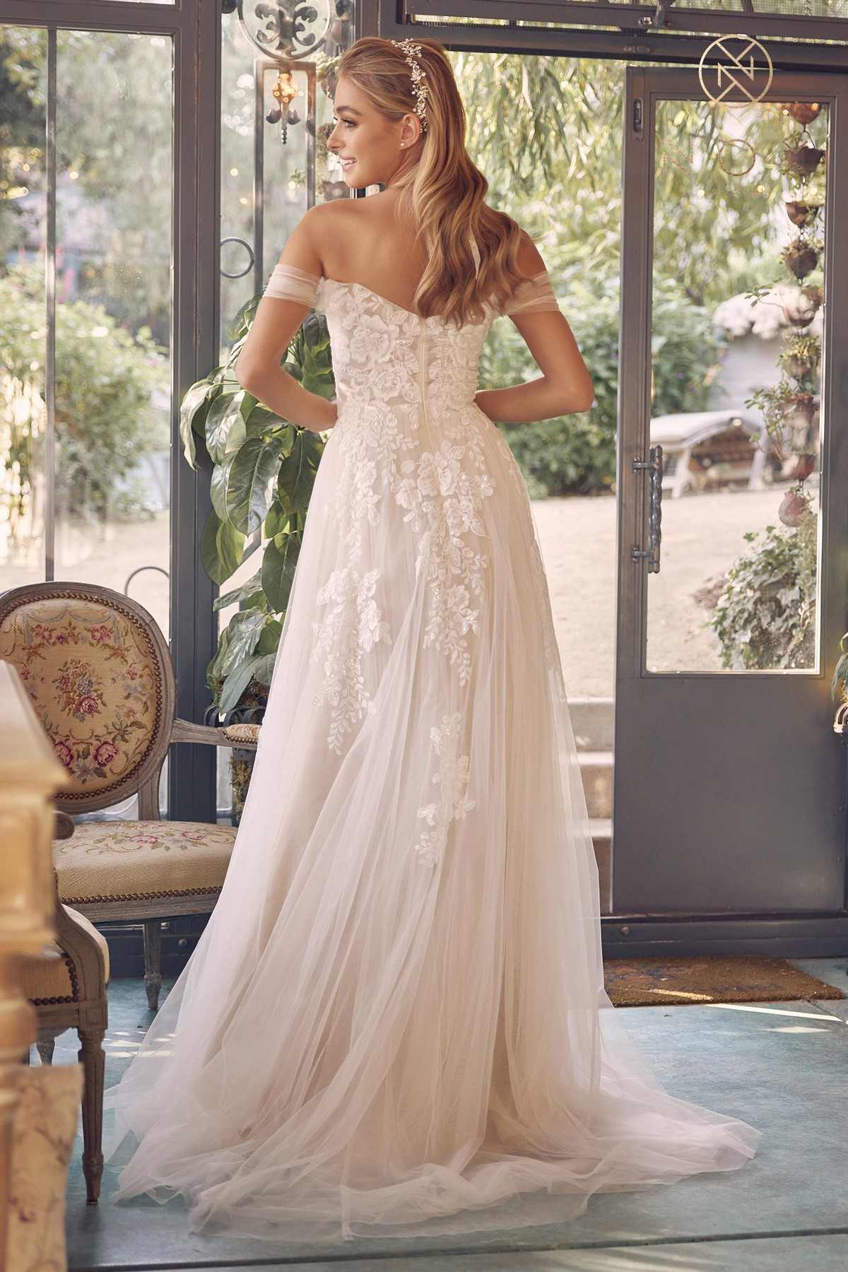 Long off-shoulder lace A-line gown with sweetheart neckline, full skirt