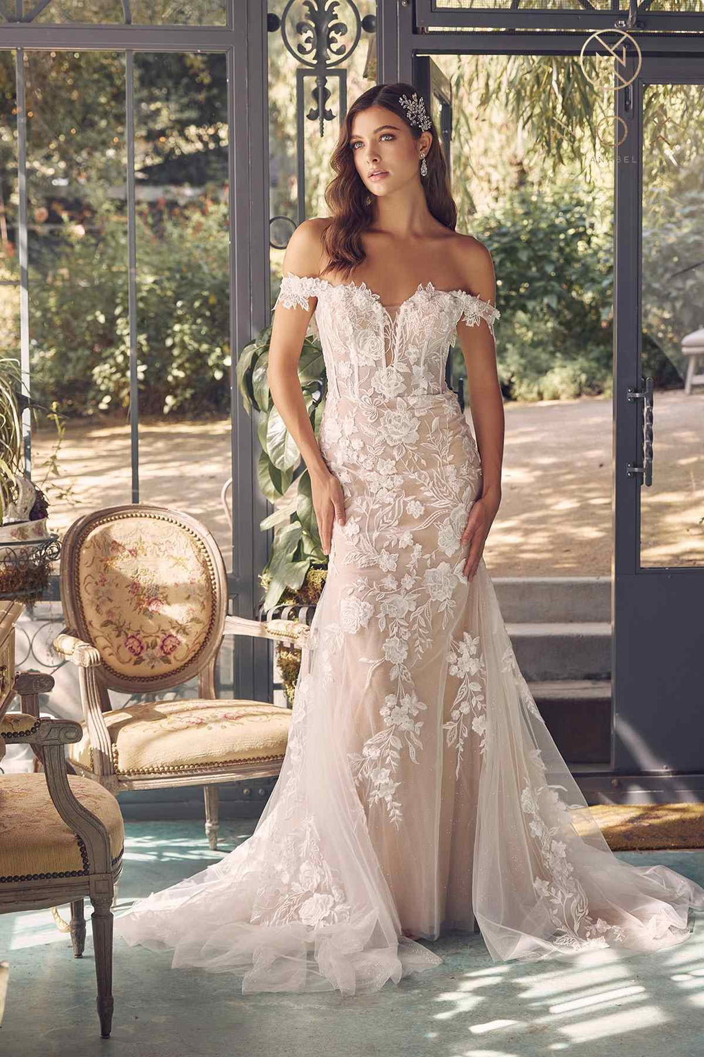 Off-shoulder embroidered wedding gown with fitted bodice and long tulle skirt, front view
