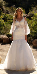 White lace mermaid bridal gown with V-neck bodice and long bell sleeves