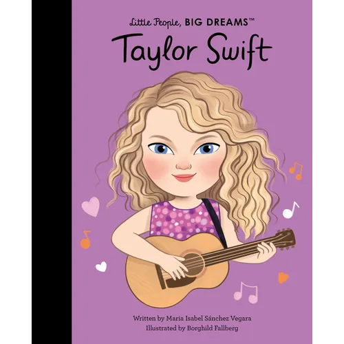 Hardcover book with illustrated Taylor Swift holding a guitar on a purple cover.
