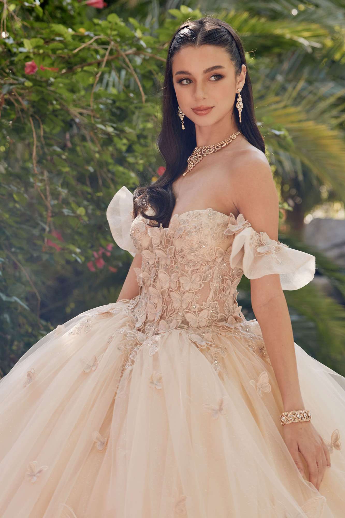 Champagne off-shoulder ball gown with lace corset bodice and layered tulle skirt