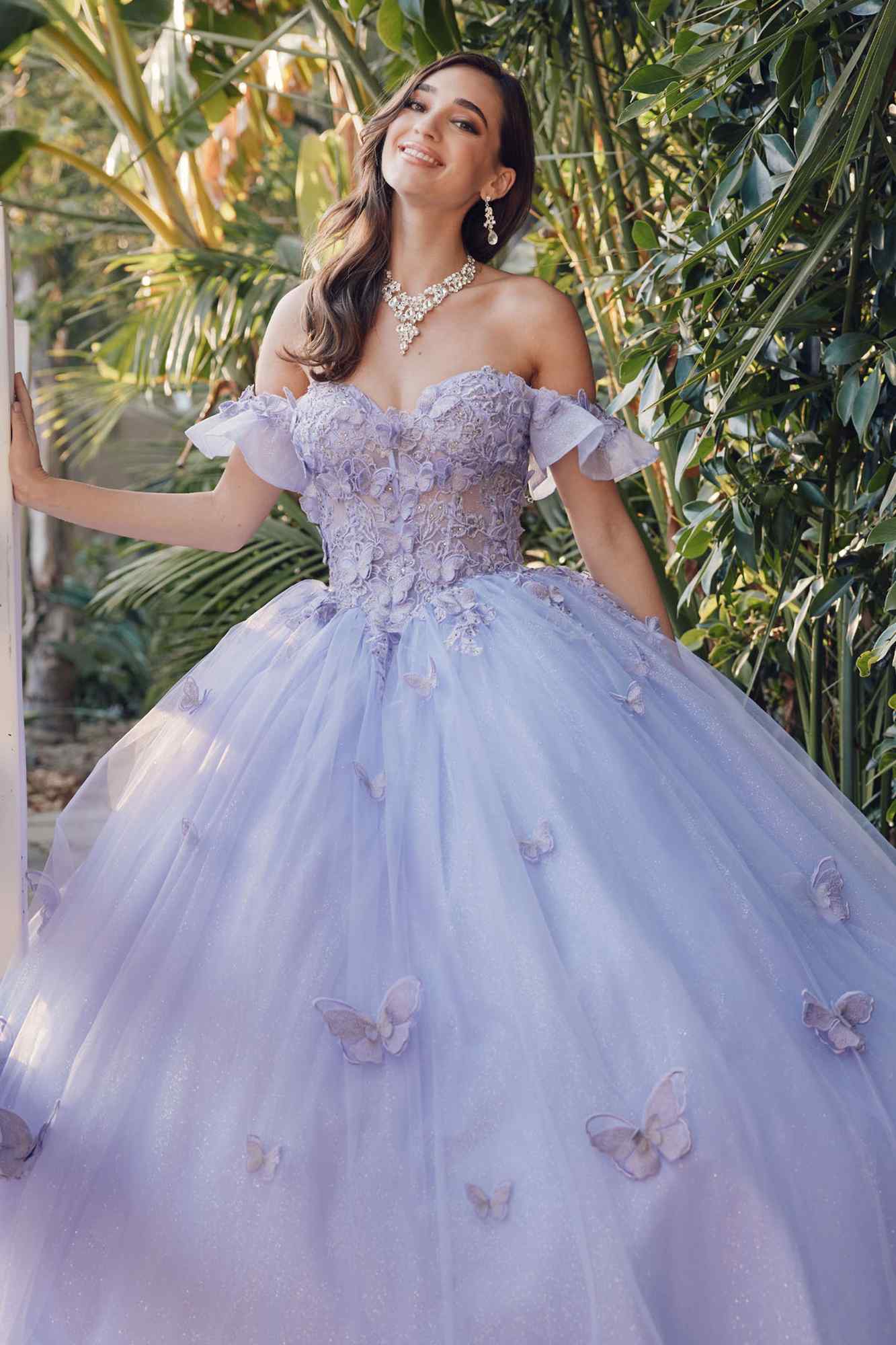 Lilac off-shoulder ball gown with embroidered lace bodice and butterfly-detail tulle skirt