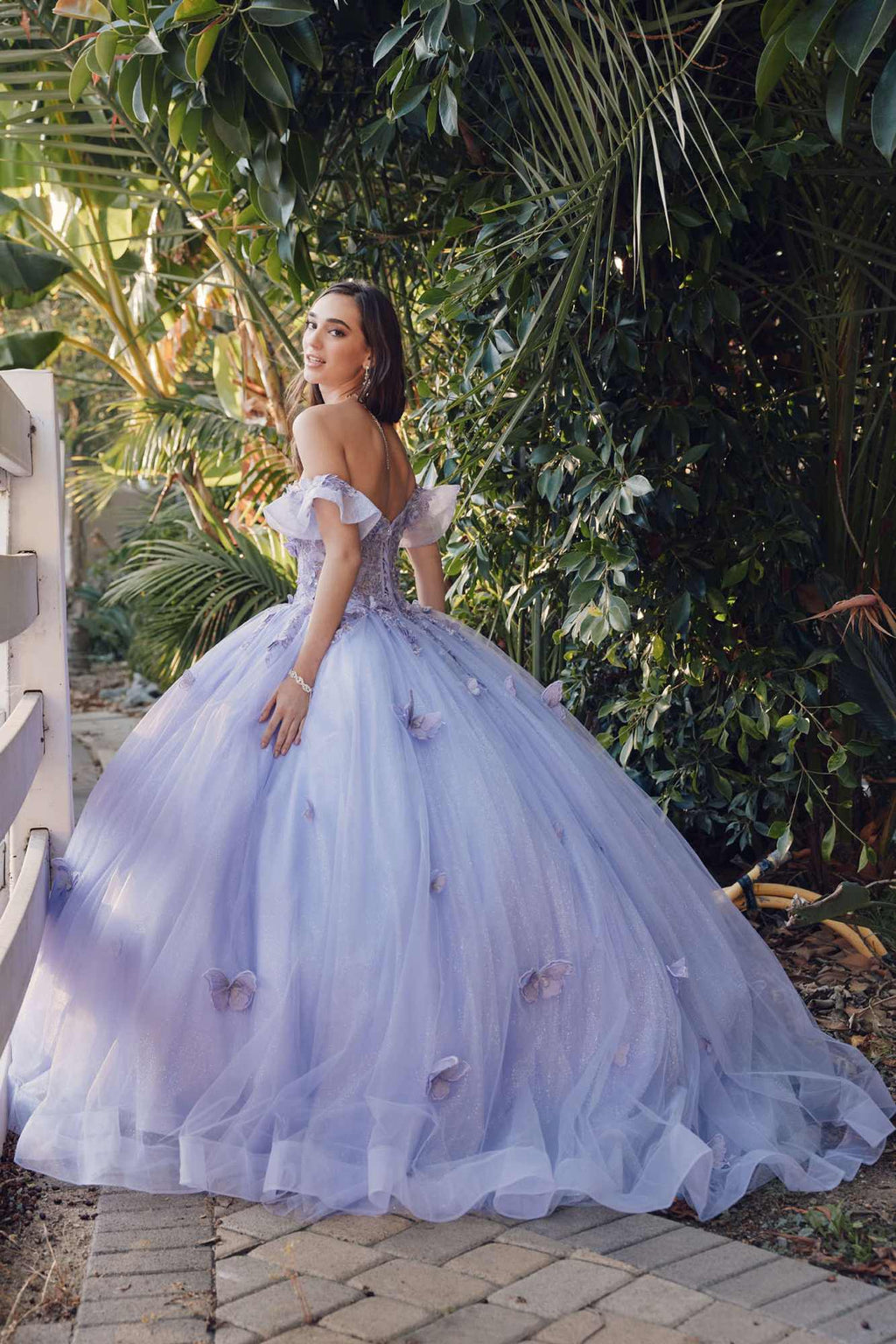 Lilac off-shoulder A-line ball gown, butterfly appliques on voluminous tulle skirt
