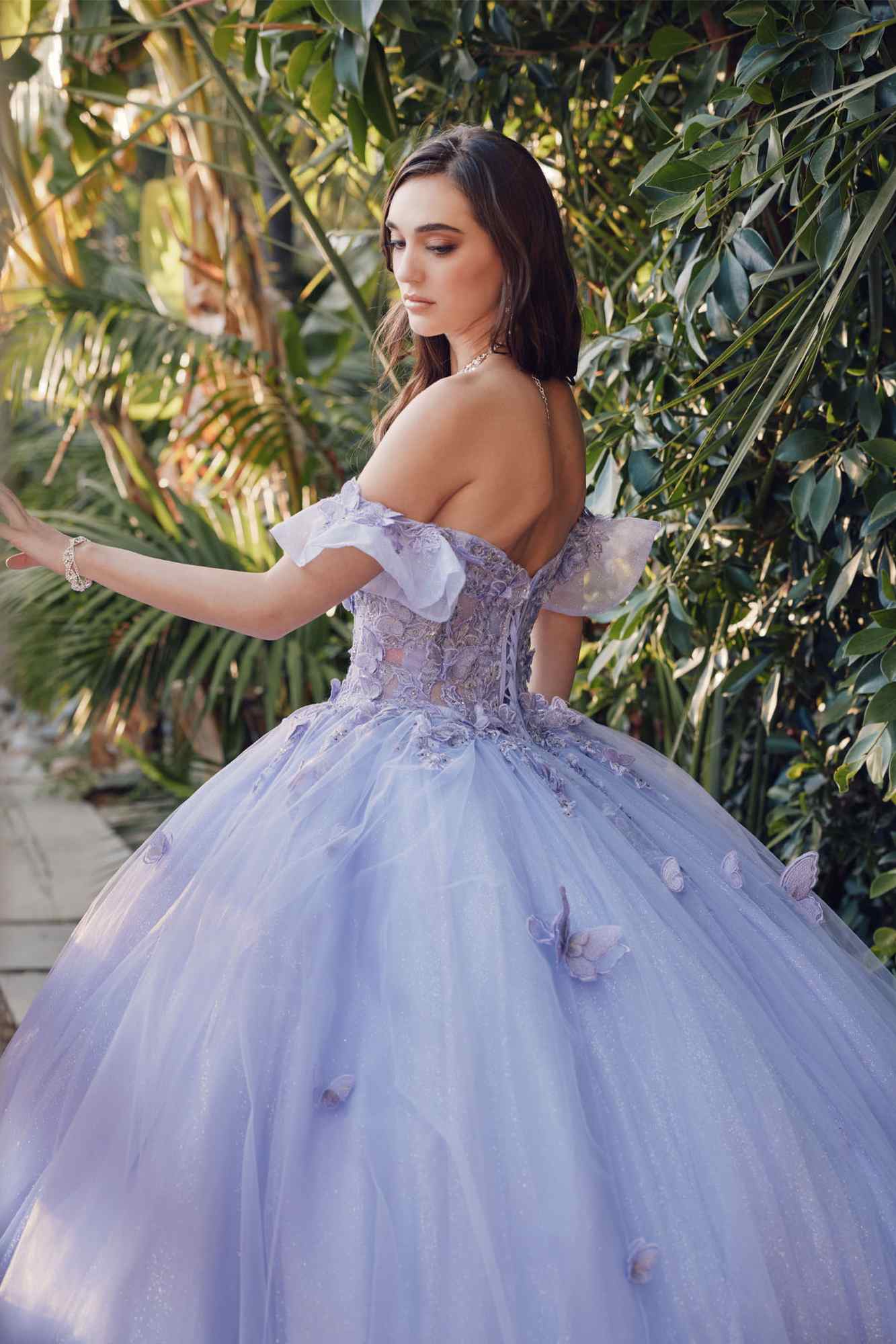 Lilac off-shoulder ball gown with lace bodice, sweetheart neckline, and flared tulle skirt
