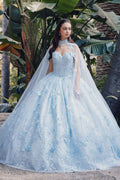 Light blue strapless sweetheart quinceanera gown with poofy skirt and sheer cape