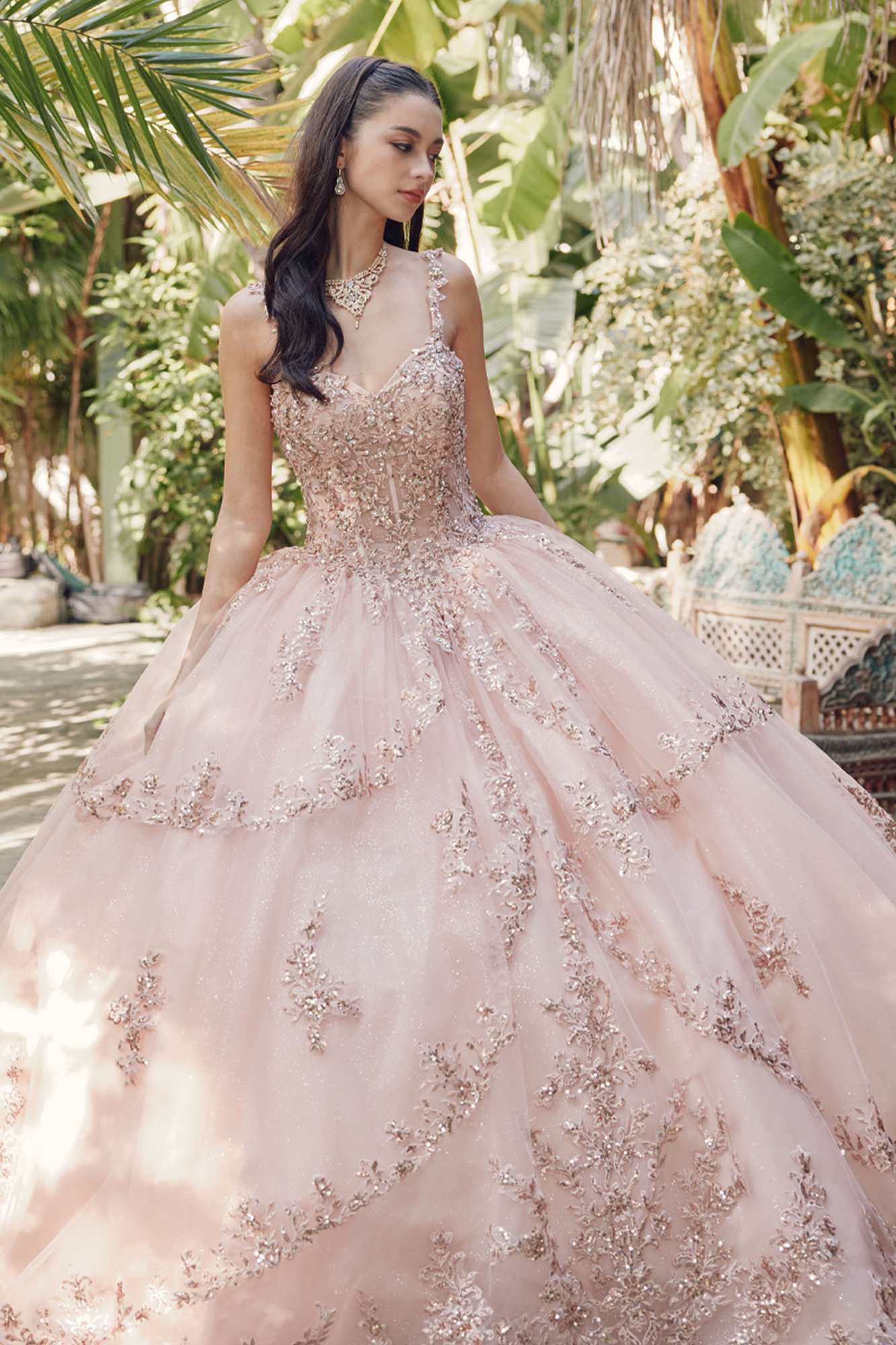 Blush rose corset ball gown with sweetheart neckline, boned bodice, embellished tulle skirt