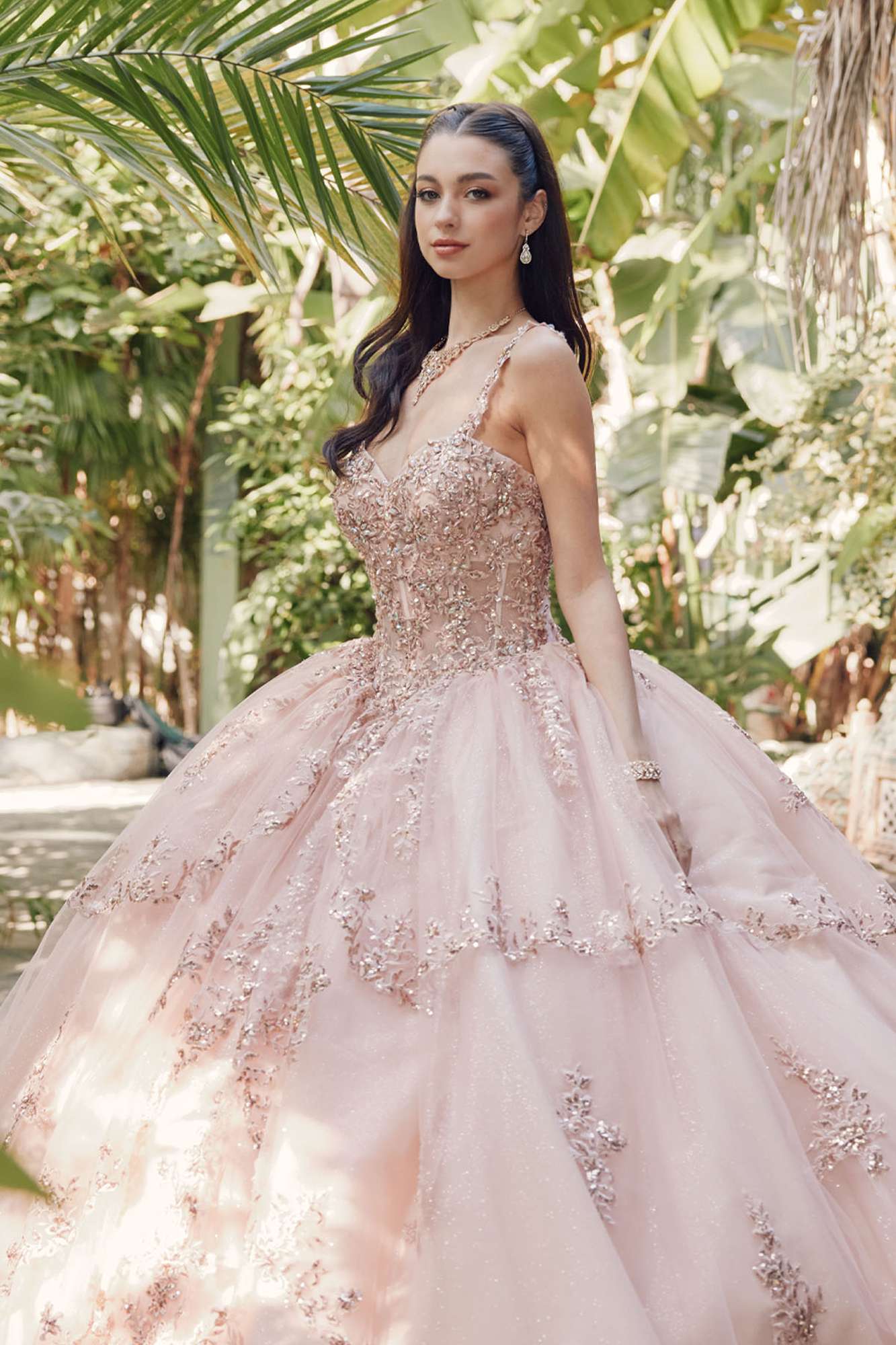 Blush rose sweetheart corset ball gown with crystal-beaded bodice and full embroidered tulle skirt