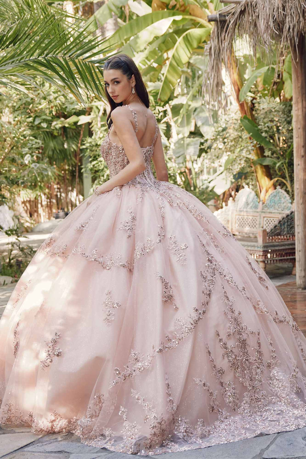 Blush sweetheart corset ball gown with beaded floral bodice and tiered, full tulle skirt