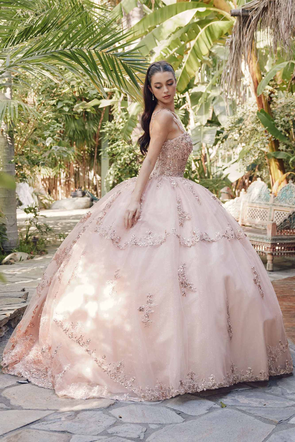 Blush corset ball gown with sweetheart bodice and sparkly appliqué tulle, full A-line skirt