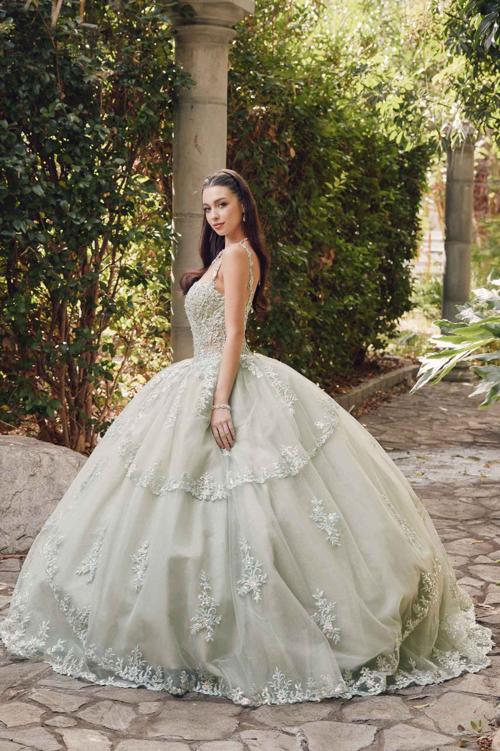 Sweetheart corset ball gown with lace applique bodice and voluminous tulle skirt