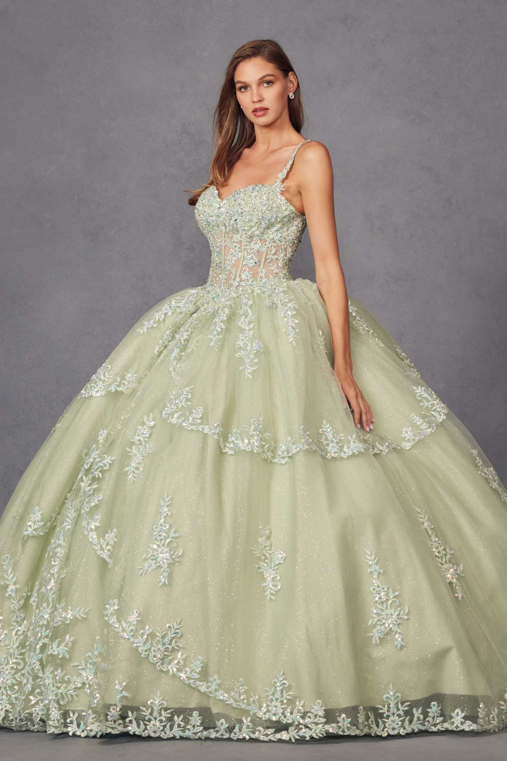 Sweetheart corset ball gown with lace motifs and full gathered tulle skirt