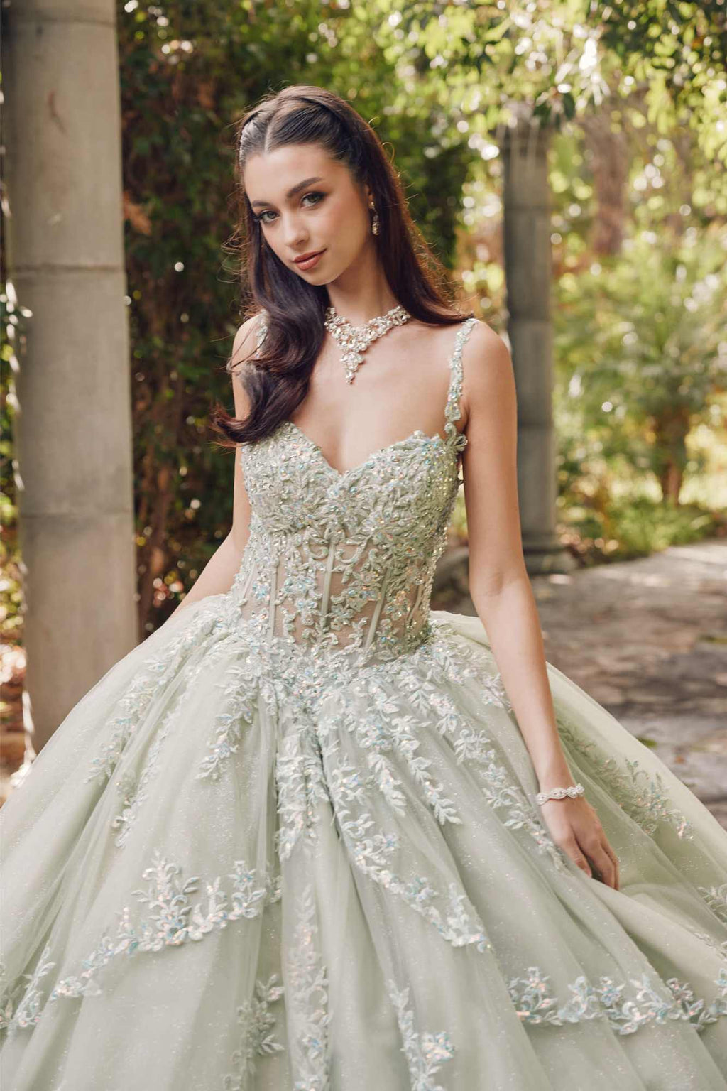Sweetheart corset ball gown with embroidered lace bodice and flared tulle skirt