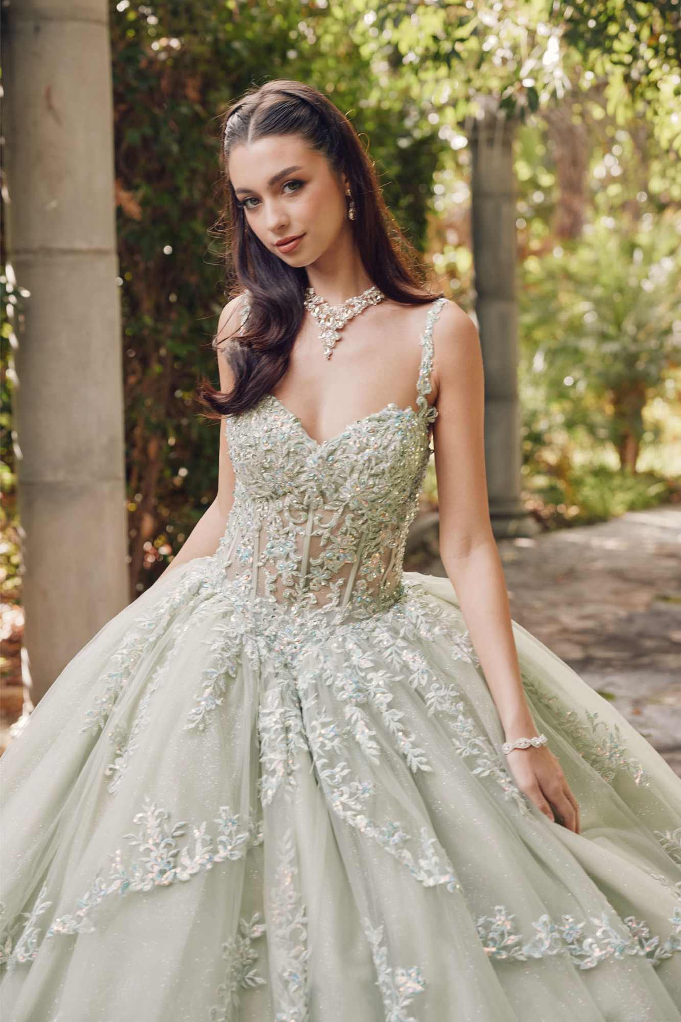 Sweetheart corset ball gown with embroidered lace bodice and flared tulle skirt