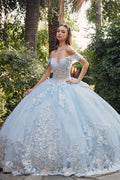 Light blue off-shoulder quince gown with lace appliqué bodice and full cathedral train