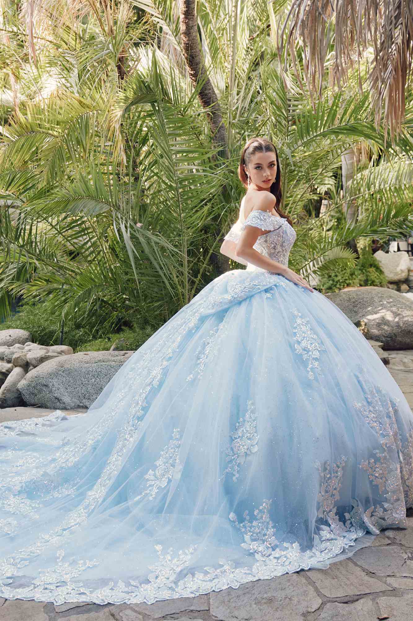 Light blue quince ball gown with off-shoulder lace bodice and full skirt with train