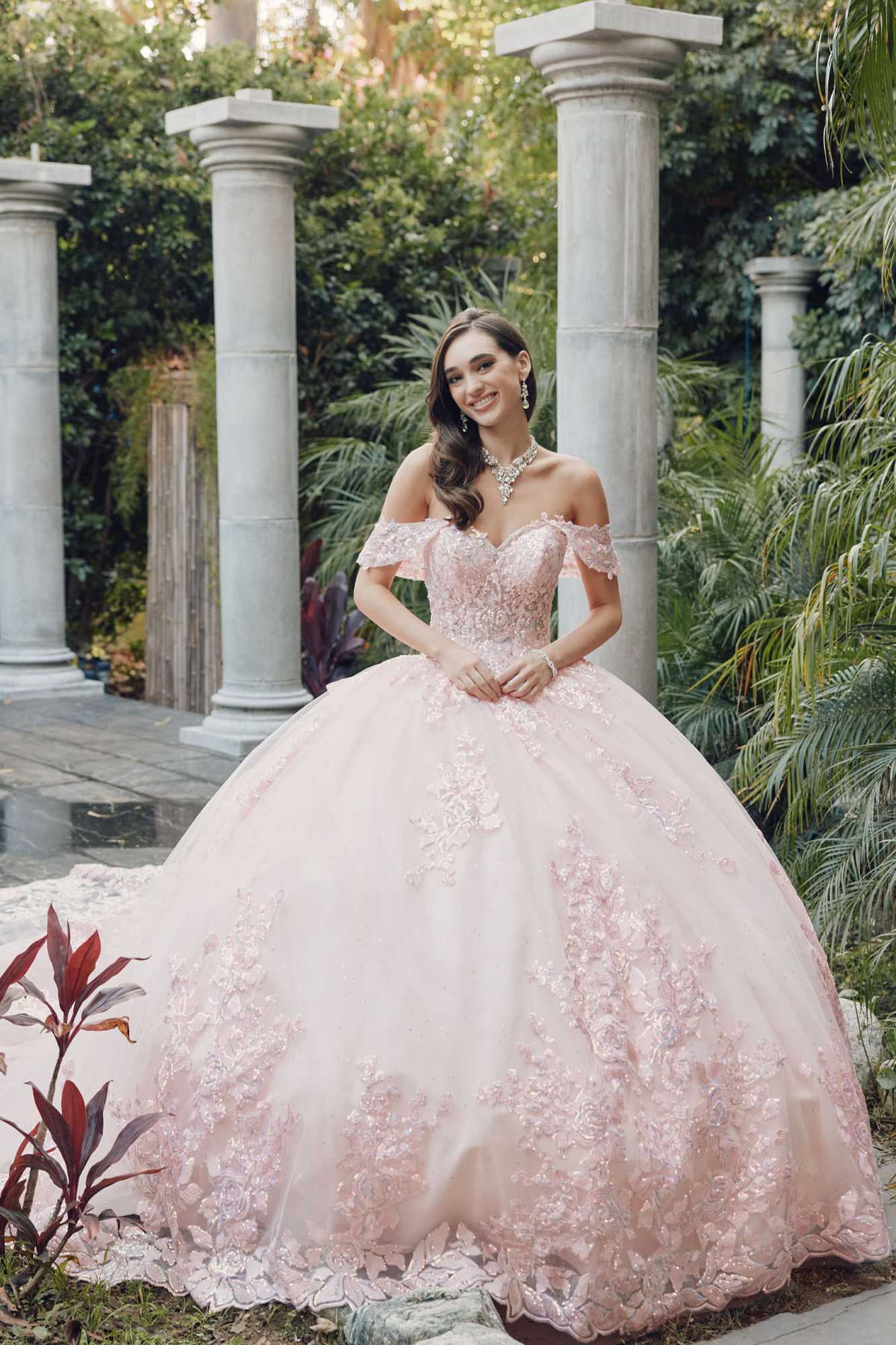 Blush off-shoulder quince gown with lace appliqué and full cathedral train