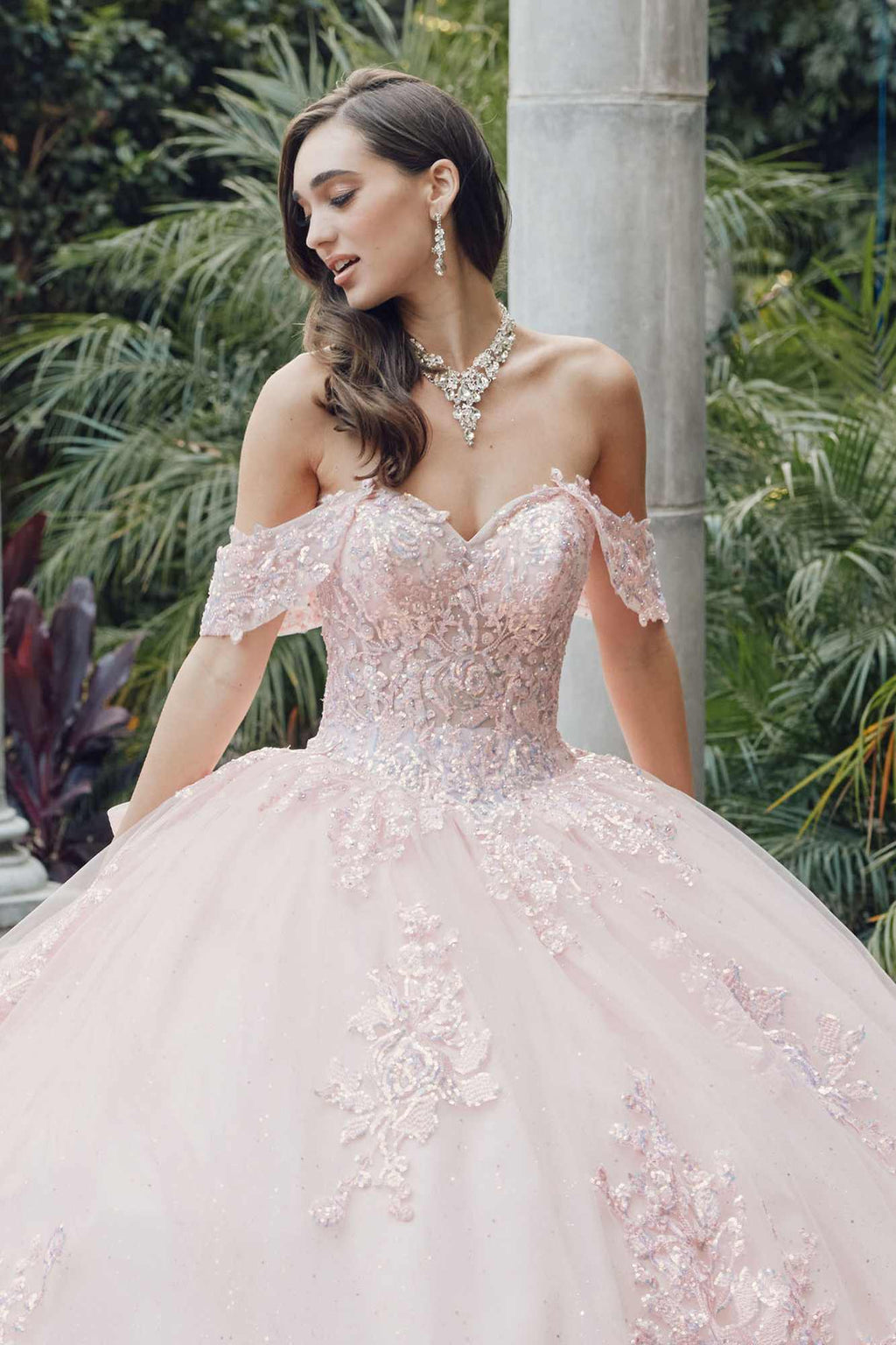 Blush off-shoulder quince gown with lace bodice and full skirt, cathedral train