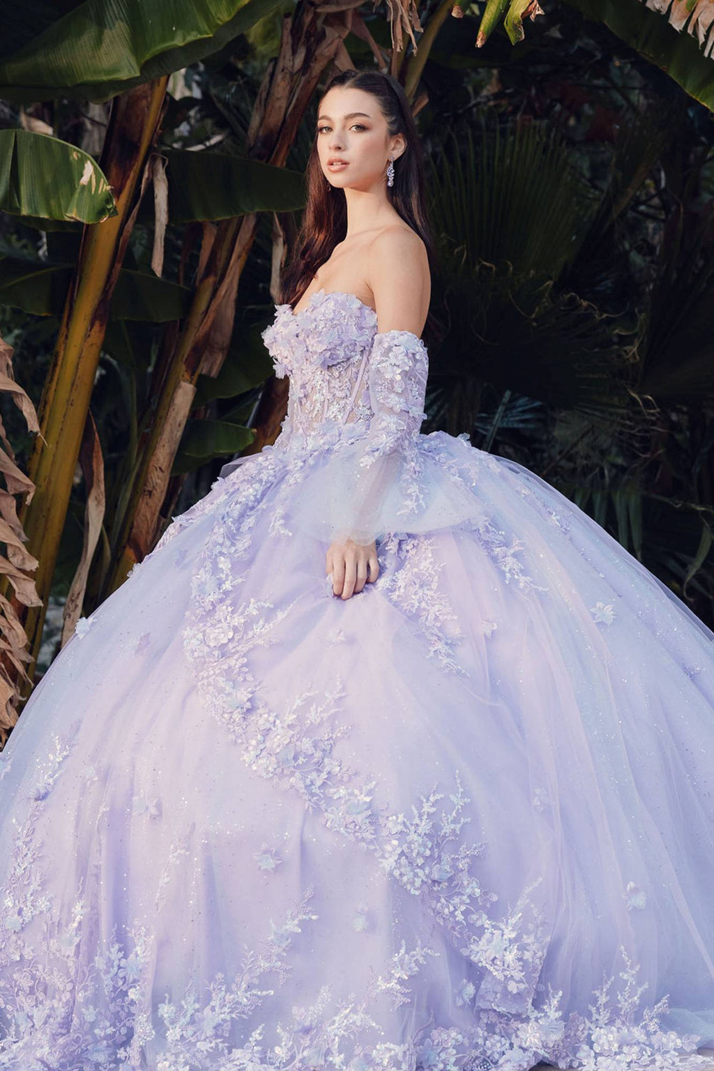 Lilac strapless princess ball gown with lace bodice and voluminous tulle skirt, bell sleeves