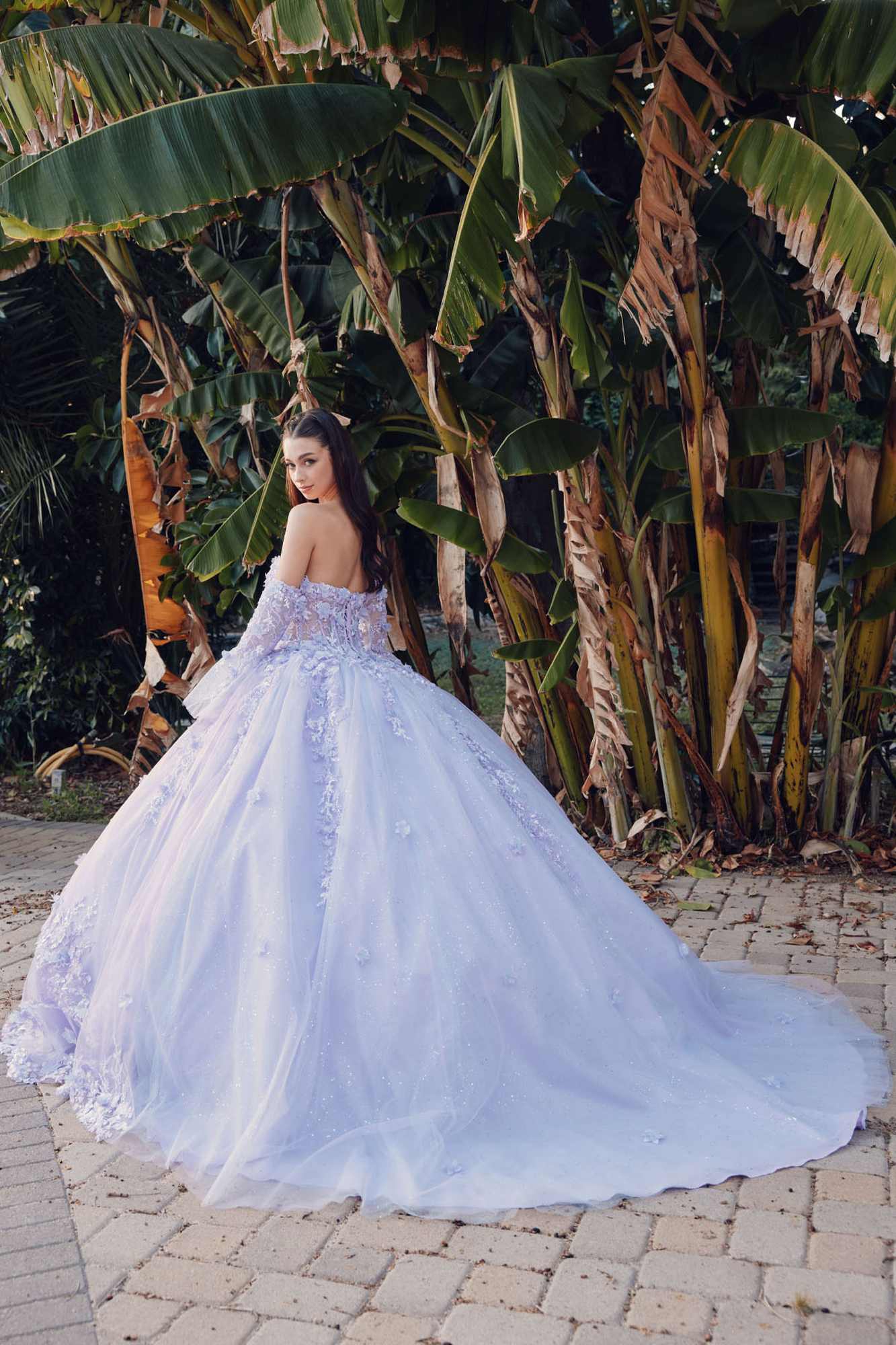 Lilac strapless princess ball gown with lace bodice and full tulle skirt