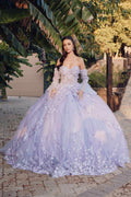 Lilac strapless princess ball gown with off-shoulder puff sleeves and lace appliqué skirt