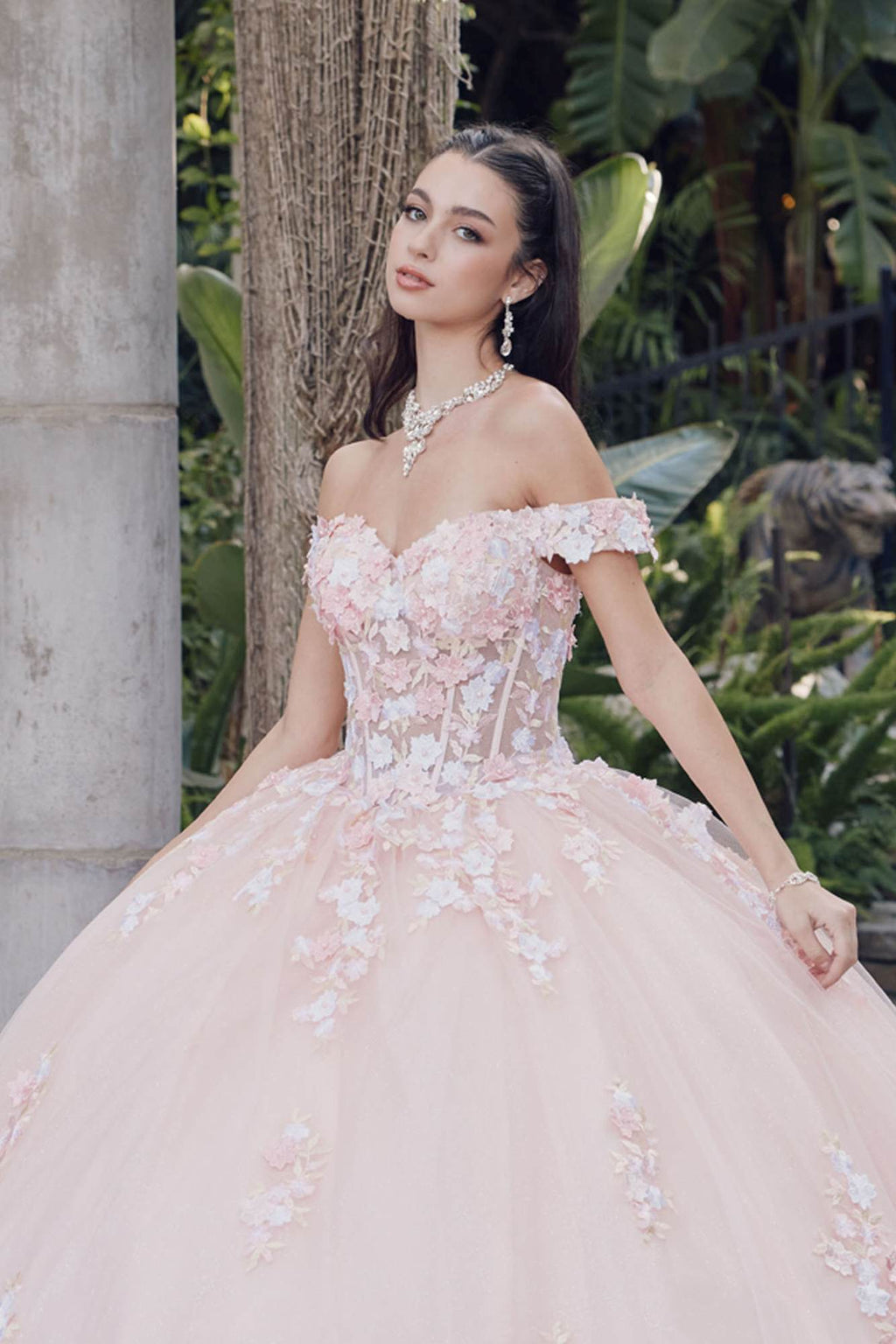 Blush off-shoulder corset bodice gown with lace embroidery detail and full skirt