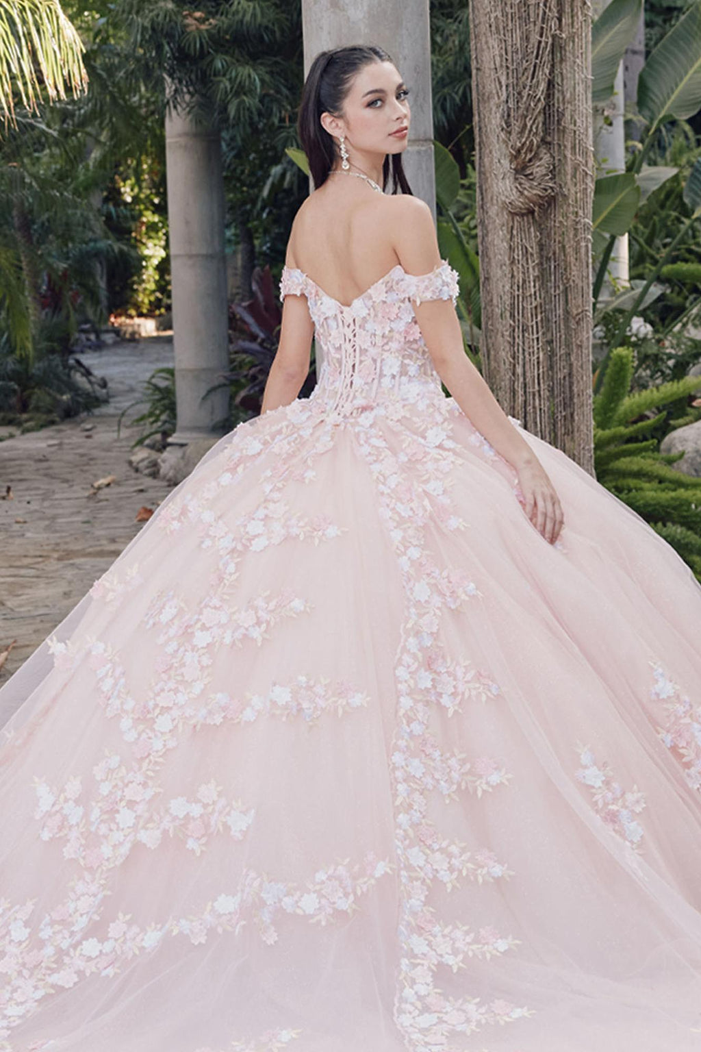 Blush off-shoulder corset bodice gown with lace floral appliques and layered tulle skirt