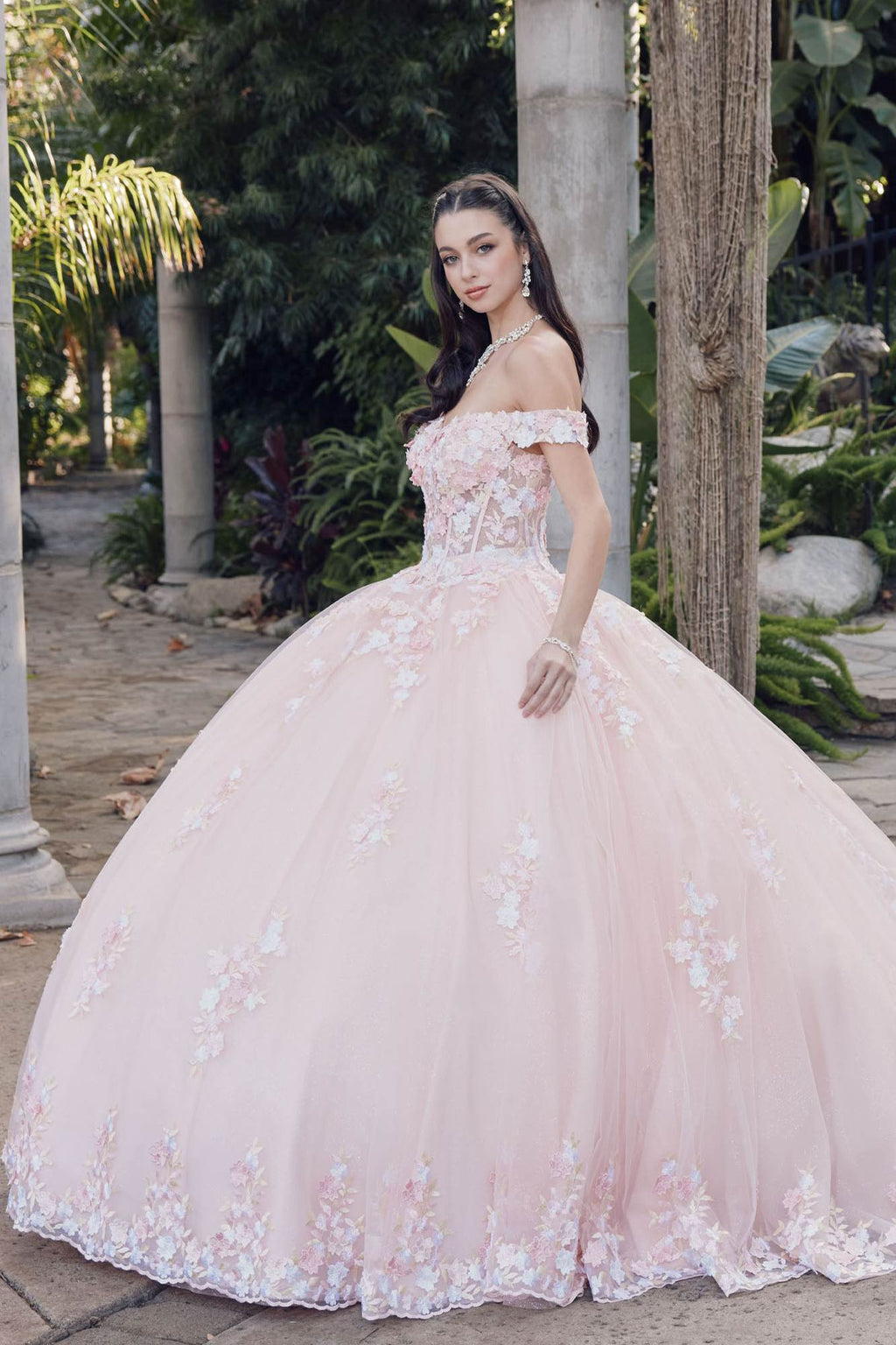 Blush off-shoulder corset bodice quinceañera gown with lace floral appliques