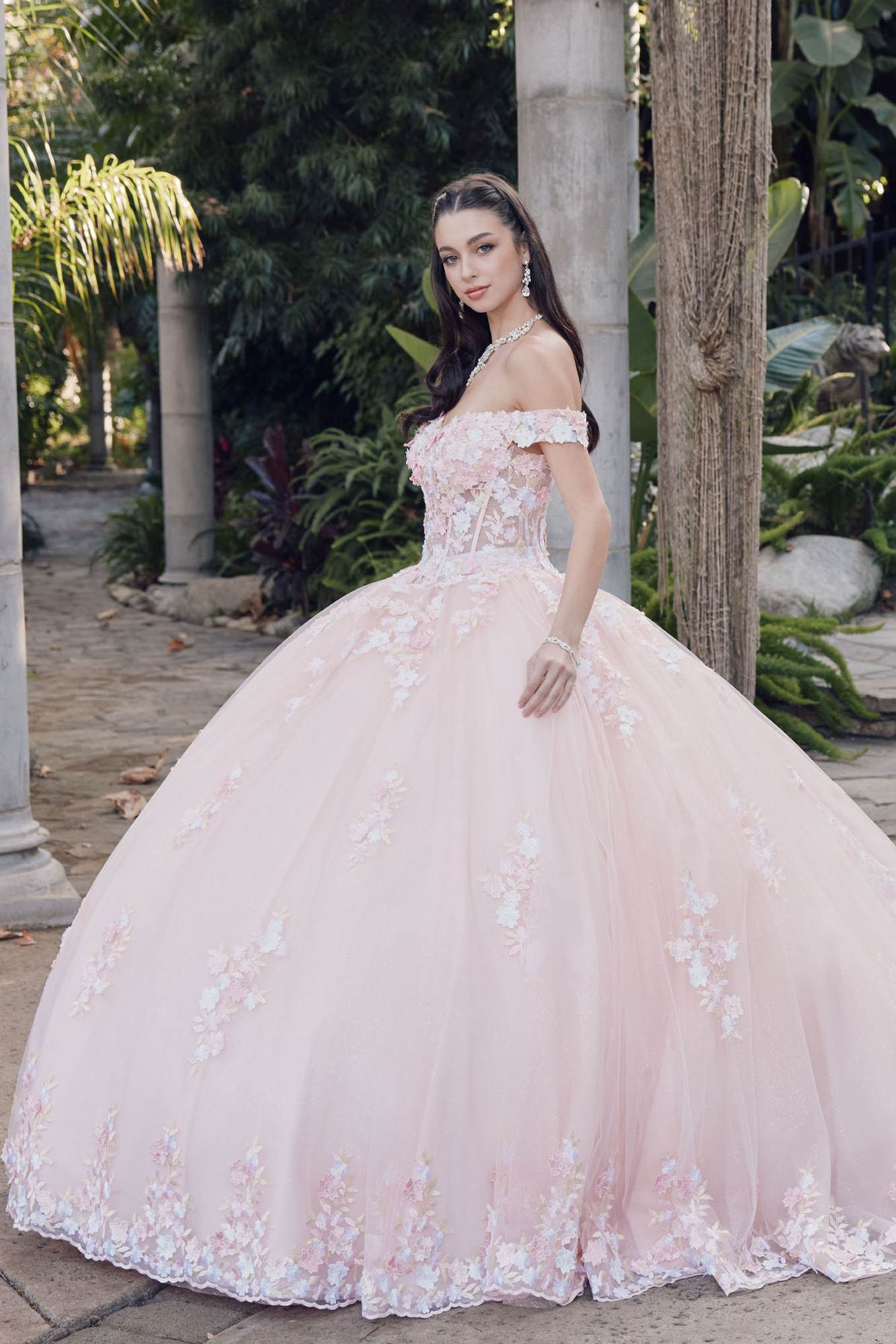 Blush off-shoulder corset bodice quinceañera gown with lace floral appliques