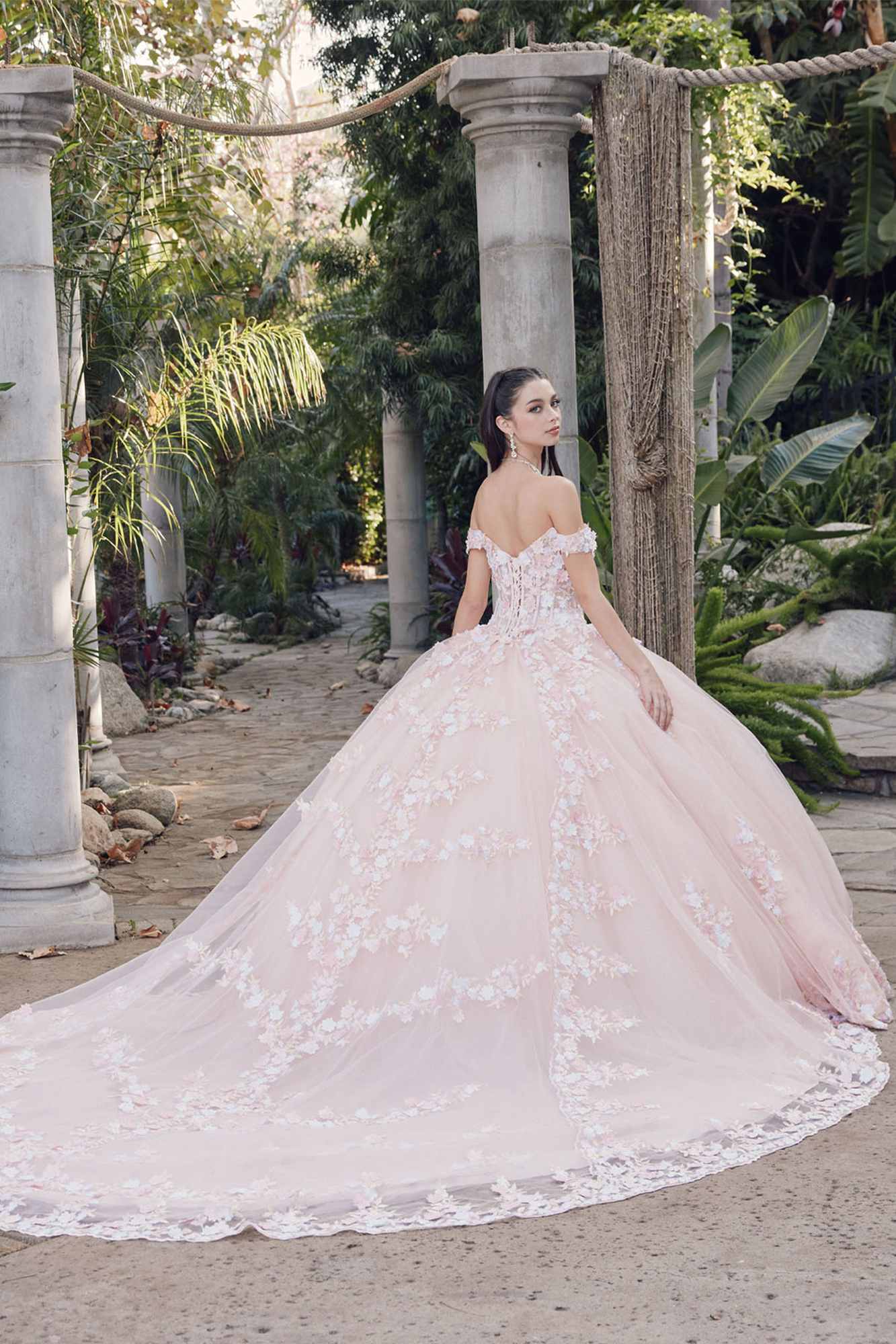 Blush off-shoulder corset bodice gown with lace floral overlays and full skirt