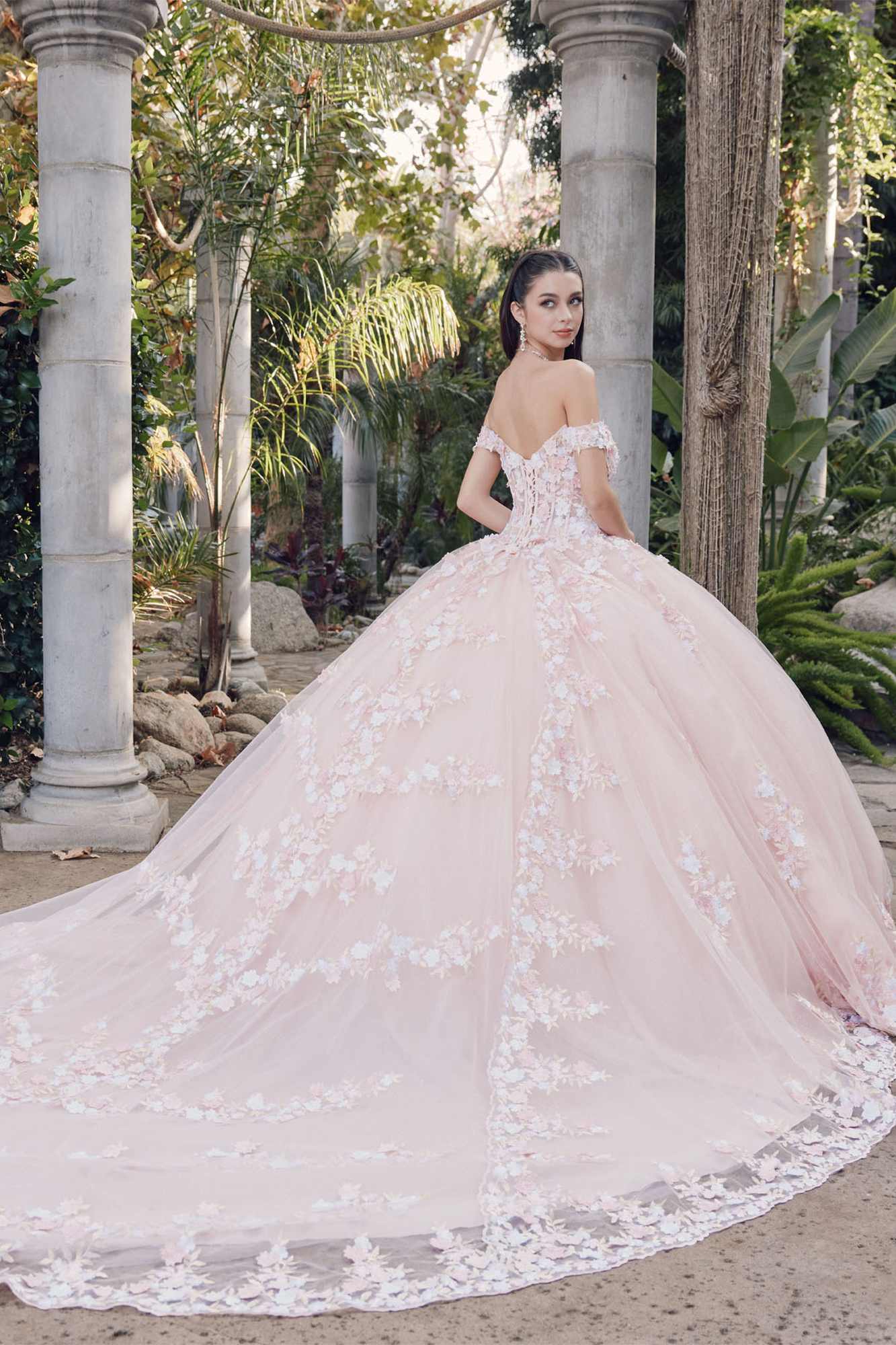 Blush off-shoulder corset gown with lace embellishment and wide flowing skirt