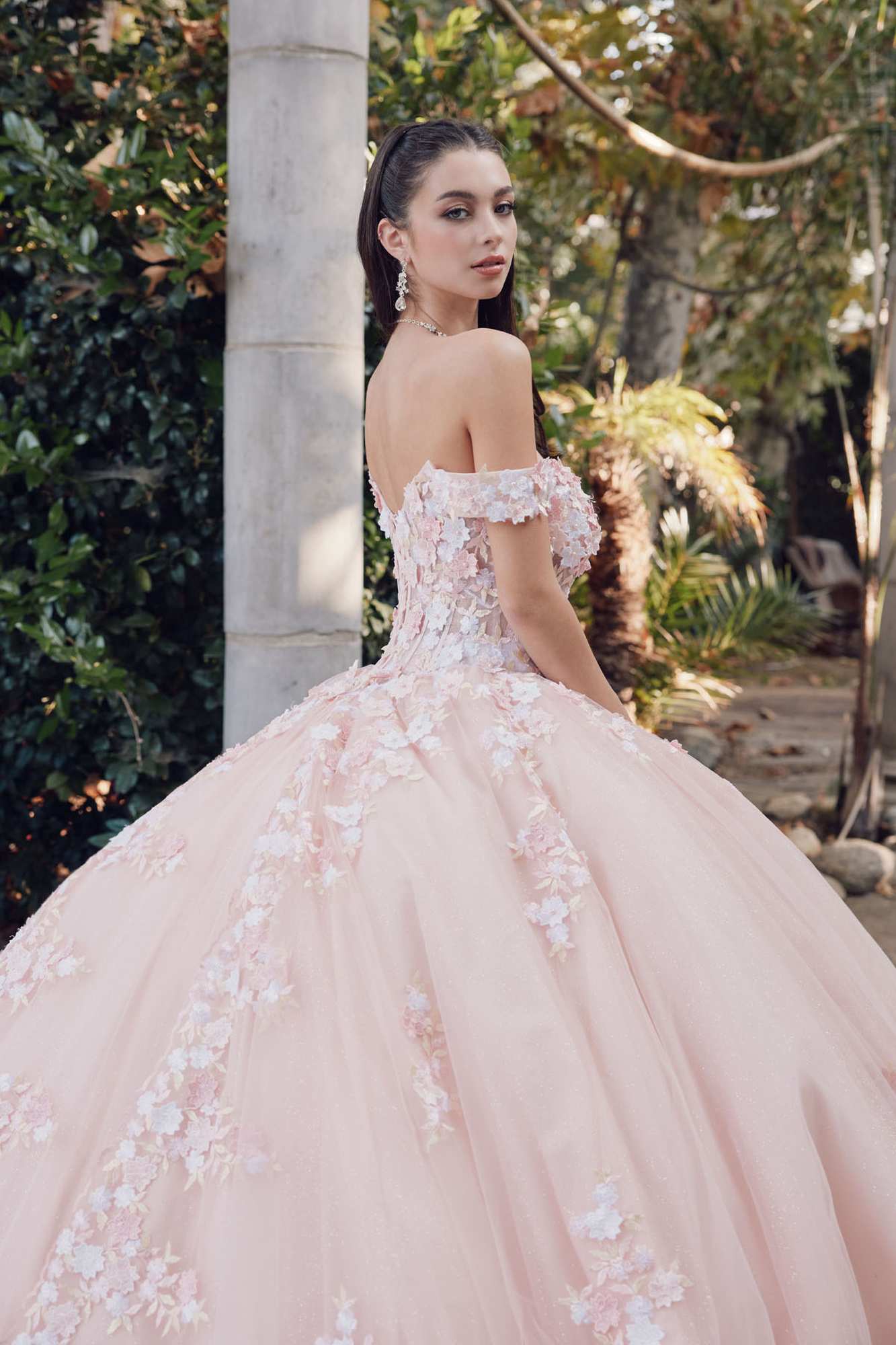 Blush off-shoulder corset bodice gown with lace appliques and voluminous tulle skirt
